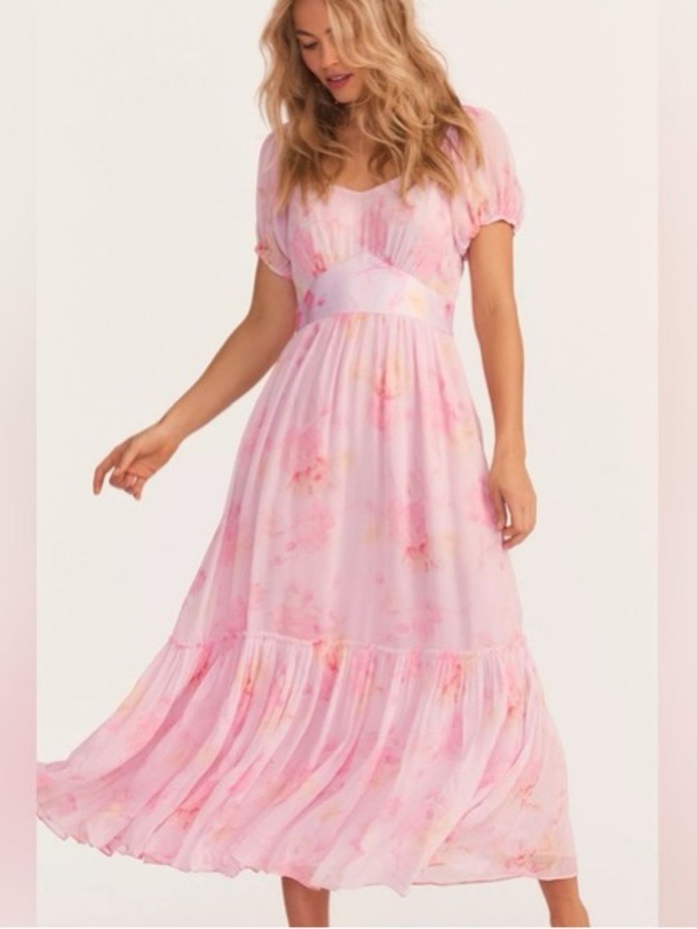 LoveShackFancy Angie Pink Floral Midi Dress